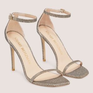 NEW Stuart Weitzman Nudistcurve Shimmery Ankle-Strap Sandals Platino Glitter 10